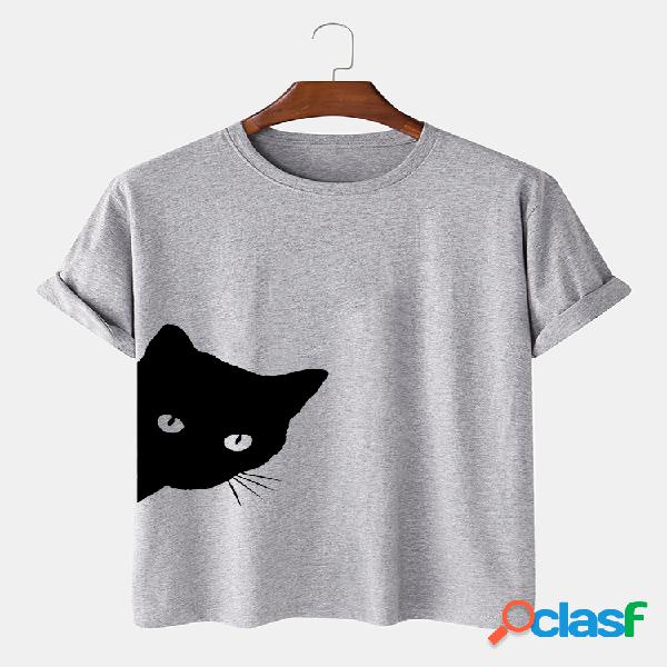 Mens Cotton Cartoon Black Cat Print Loose Light O-Neck