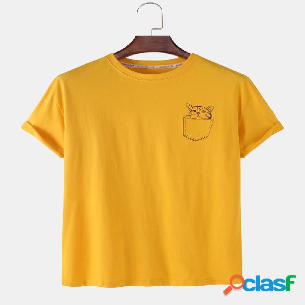 Mens Cotton Cartoon Cat Print Camisas soltas e respiráveis