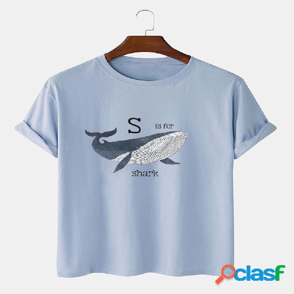 Mens Cotton Cartoon Shark Print Loose Light O-Neck Camisetas