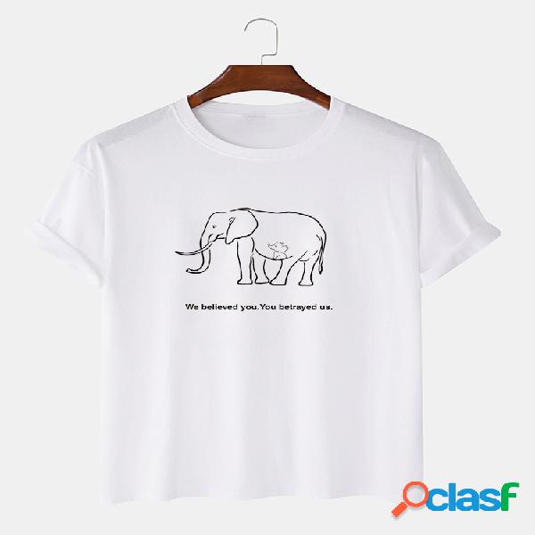 Mens Cotton Elephant & Slogan Print Respirável Loose Casual