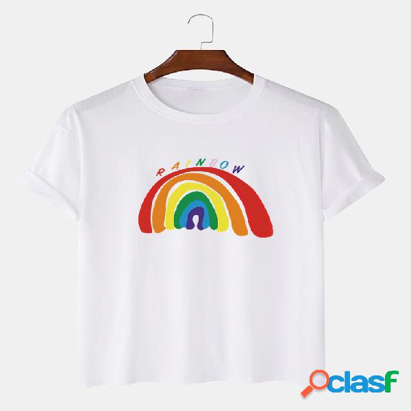 Mens Cotton Rainbow Print Solid Color Loose O-Neck Camisetas