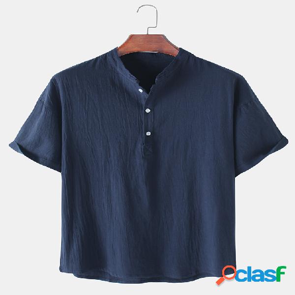 Mens Cotton Solid Color Casual Light Stand Collar Henley