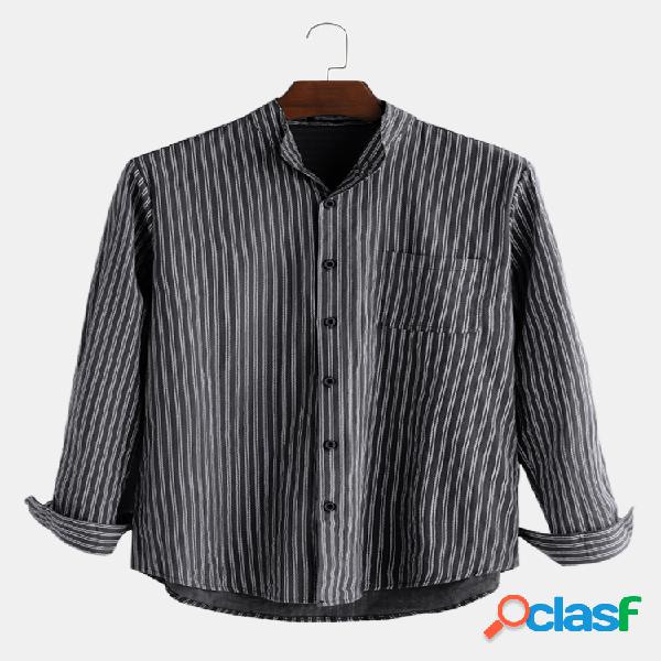 Mens Cotton Striped Retro Respirável Manga comprida