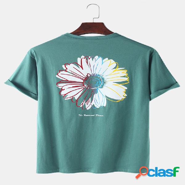 Mens Daisy Print Solid Color respirável Loose O-Neck