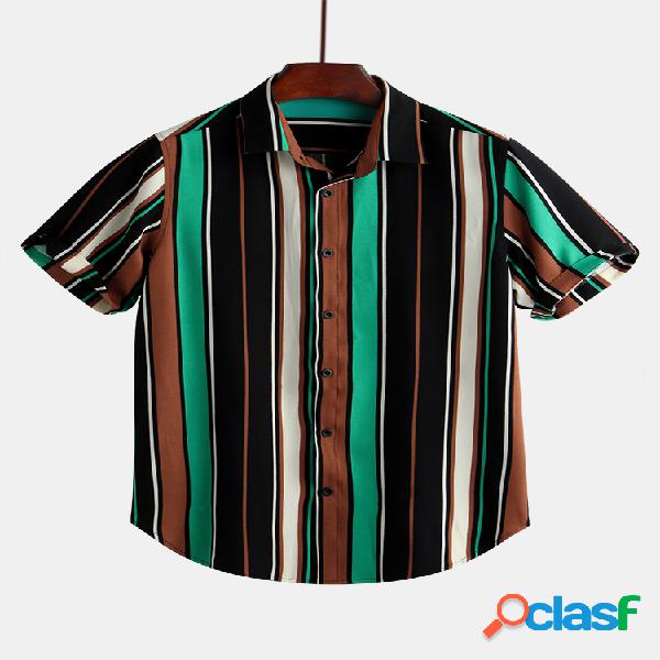 Mens Engraçado Multi Color Striped Turn Down Collar Manga
