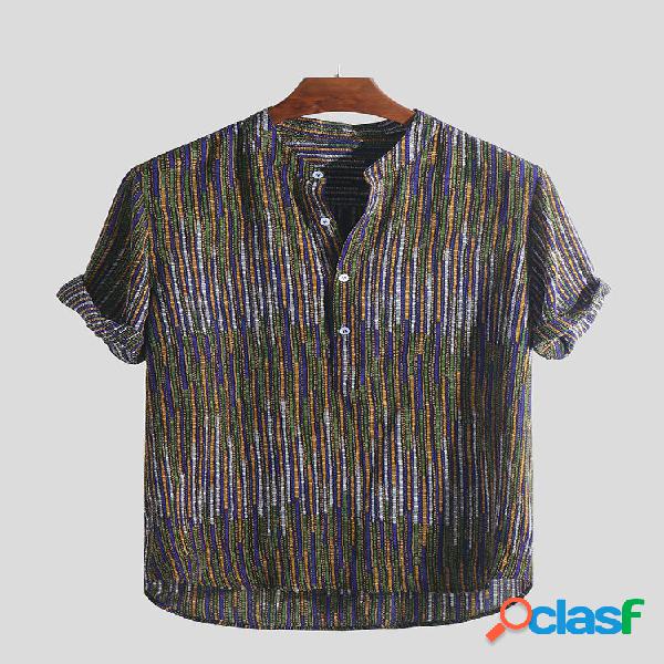 Mens Estilo étnico Impresso Stand Collar Colorful Stripe
