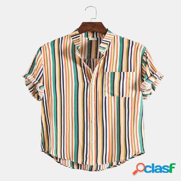Mens Ethnic Multi Color Striped Casual Rodada Hem Camisas de