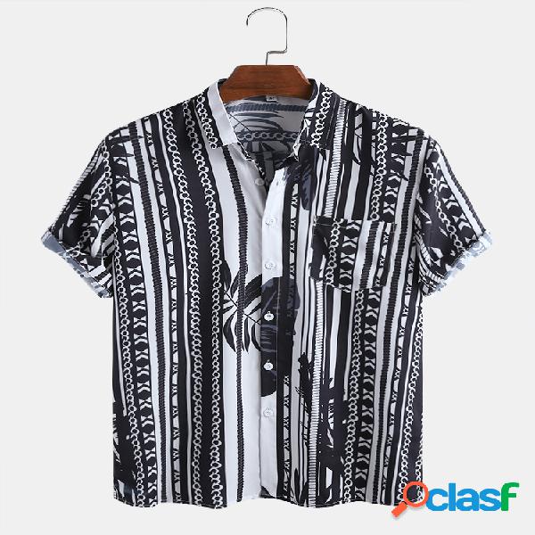 Mens Ethnic Stripe Folha Imprimir peito bolso camisas de