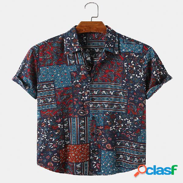Mens Ethnic Vintage Print Casual Turn Down Collar Camisas de