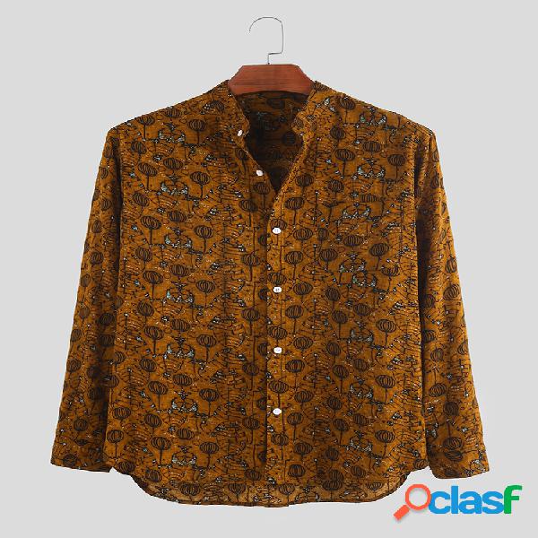 Mens Floral Floral Impresso Collar Stand Camisas de manga