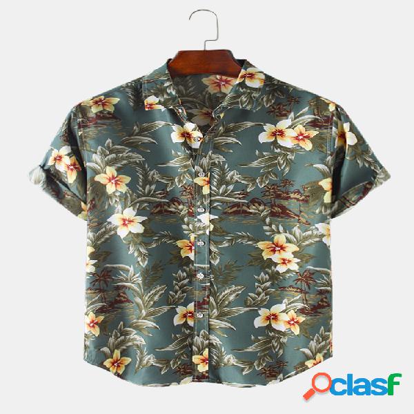 Mens Floral & Folha Print respirável Loose Light manga
