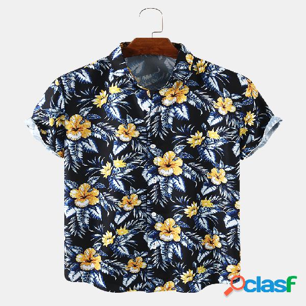 Mens Floral Print respirável Light Turn Down Collar Camisas