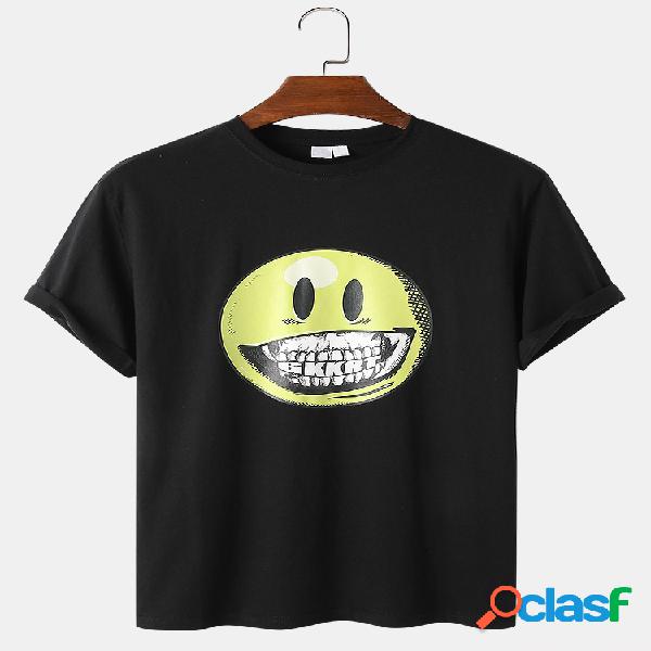 Mens Funny Big Smile Face Print Respirável Loose Casual