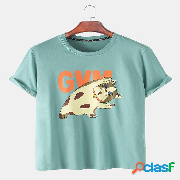 Mens Funny Cartoon Cat Print Casual Loose Light O-Neck