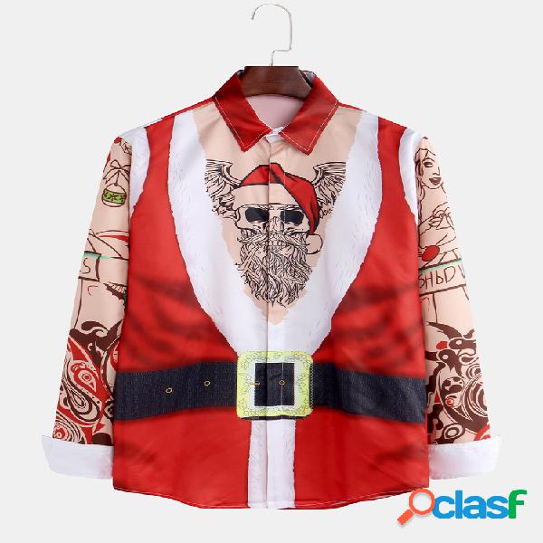 Mens Funny Christmas Printed Turn Down Collar Manga comprida