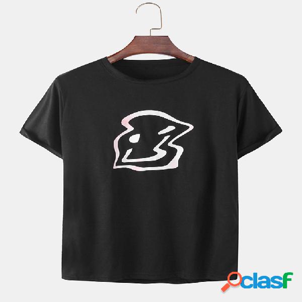 Mens Funny Face Print Solid Color Breathable Loose O-Neck