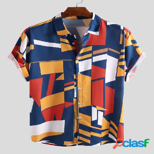 Mens Funny Hit Color Printed Turn Down Collar Camisas de