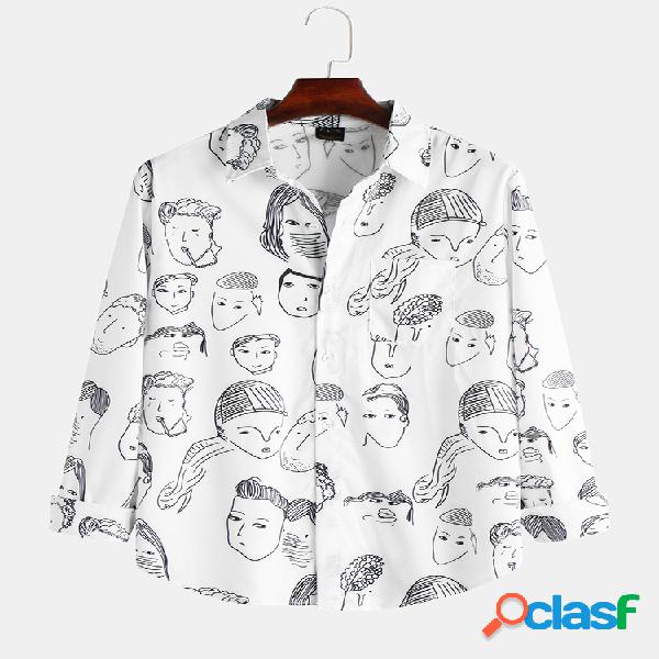 Mens Funny Style Sketch Face Camisas de manga comprida