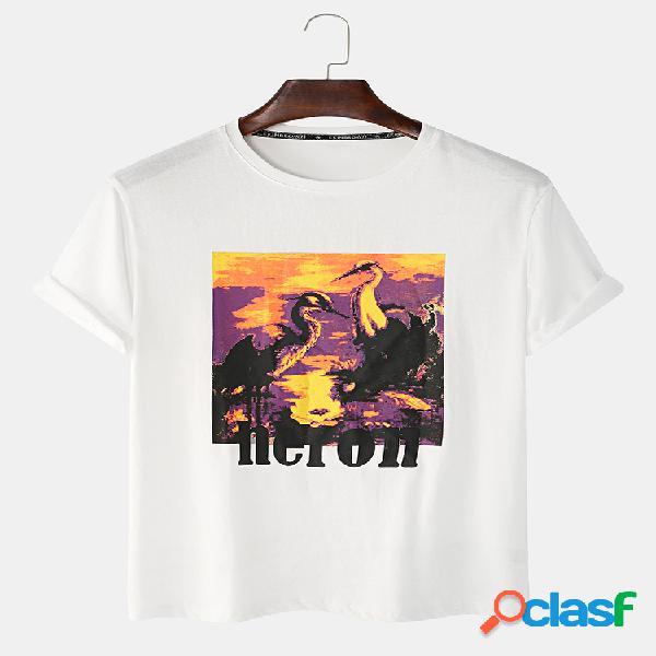 Mens Graphic Birds Impresso Algodão O-Neck Casual T-shirts