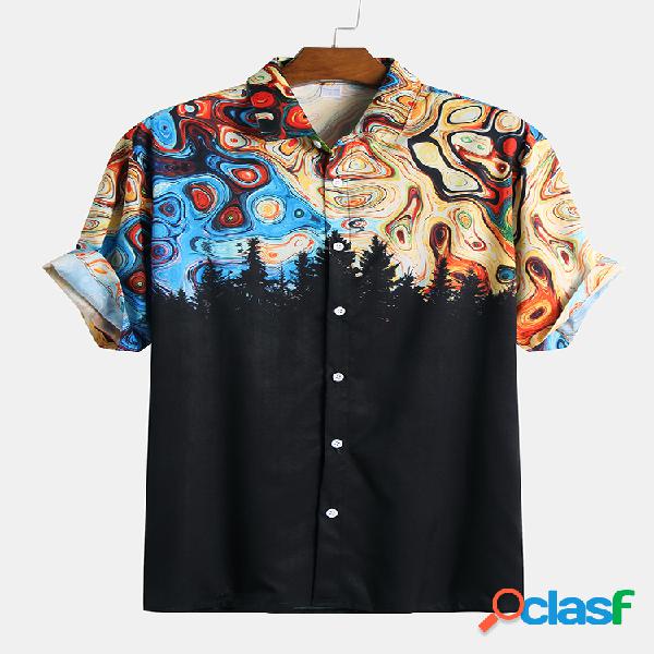 Mens Hit Color Graffiti Printed Turn Down Collar Camisas de