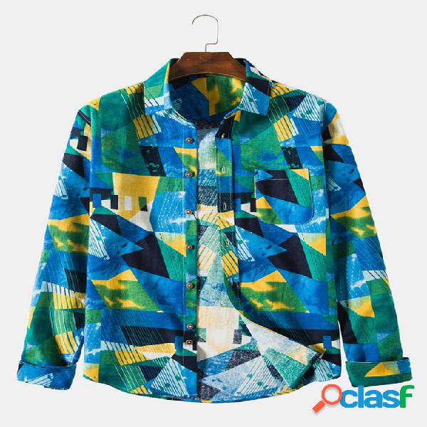 Mens Hit Color Print respirável Turn Down Collar manga