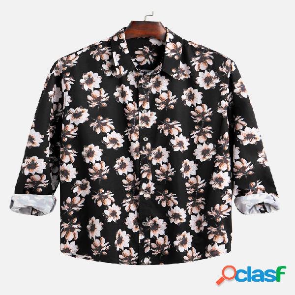 Mens Holiday Hawaii Floral Impresso Manga comprida Casual