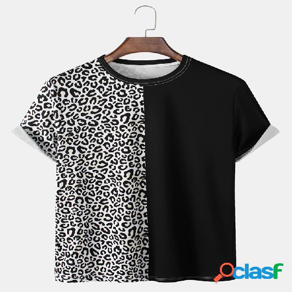 Mens Leopard Print Patchwork Respirável Loose Daily Round