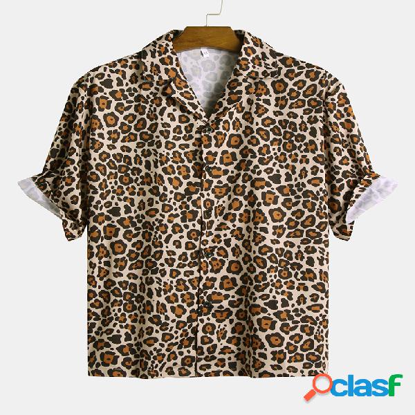 Mens Leopard Printed Turn Down Collar Meia manga Loose
