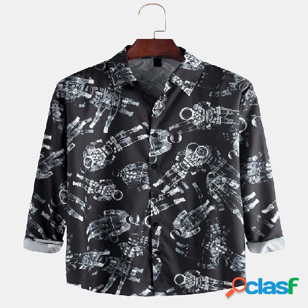 Mens Loose Fit Spaceman Imprimir manga comprida Camisa