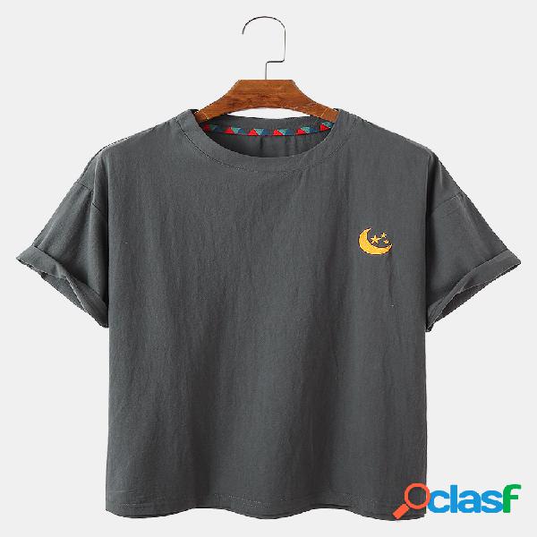 Mens Moon Bordado Solid Color Loose Light Round Neck