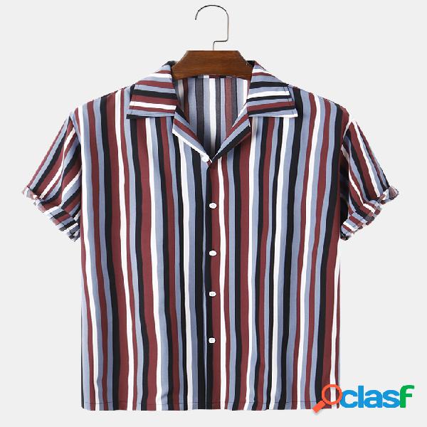 Mens Multi-Color Striped Print Loose Casual Camisas de manga