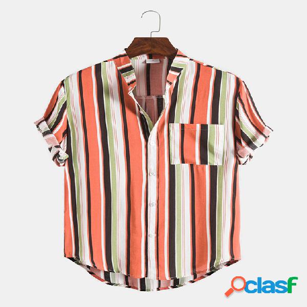 Mens Multi Color Striped respirável peito bolso camisas de
