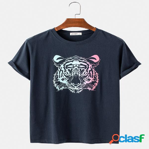 Mens Multi-Color Tiger Print Loose Casual respirável O-Neck