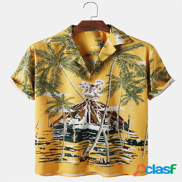 Mens Planta e Praia Print Holiday Casual Light Camisas de