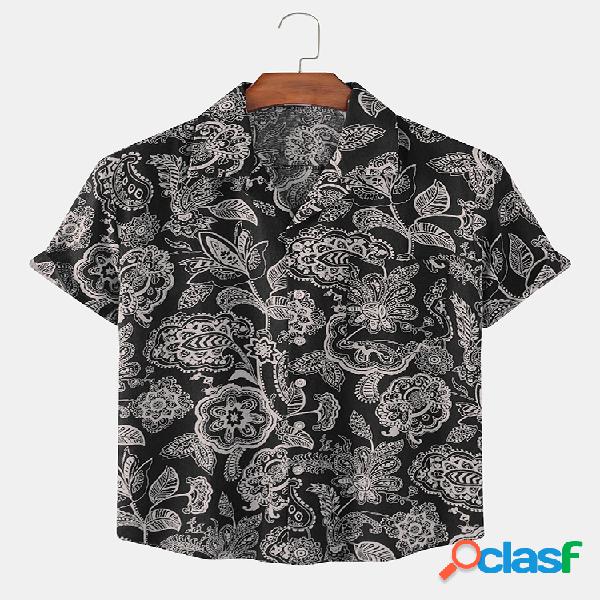 Mens Retro Ethnic Floral Print Light Casual Camisas de manga
