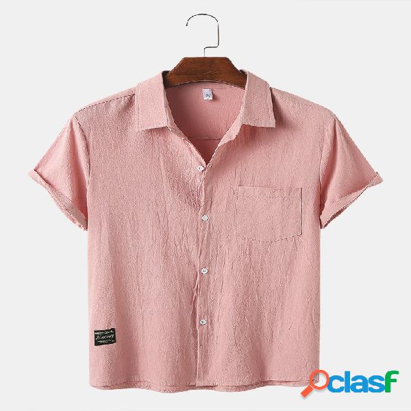 Mens Solid Color Print Respirável Casual Chest Pocket