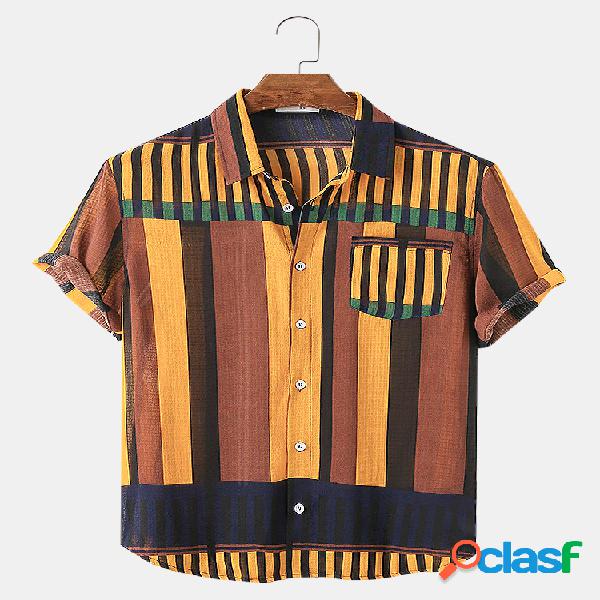 Mens Striped Print respirável Casual manga curta camisas de