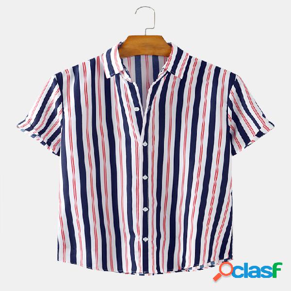 Mens Striped Printed Light Casual Camisas de manga curta