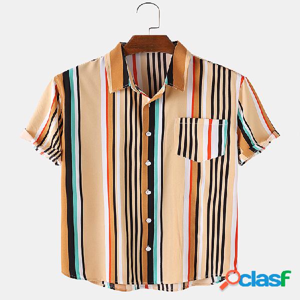Mens Stripes Color Print Light Casual Loose Turn Down Collar