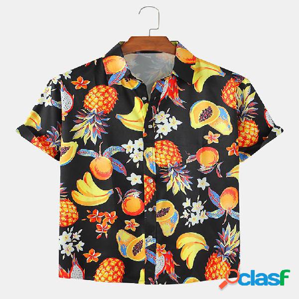 Mens Tropical Fruit Print Light Casual Lapela fina Camisas