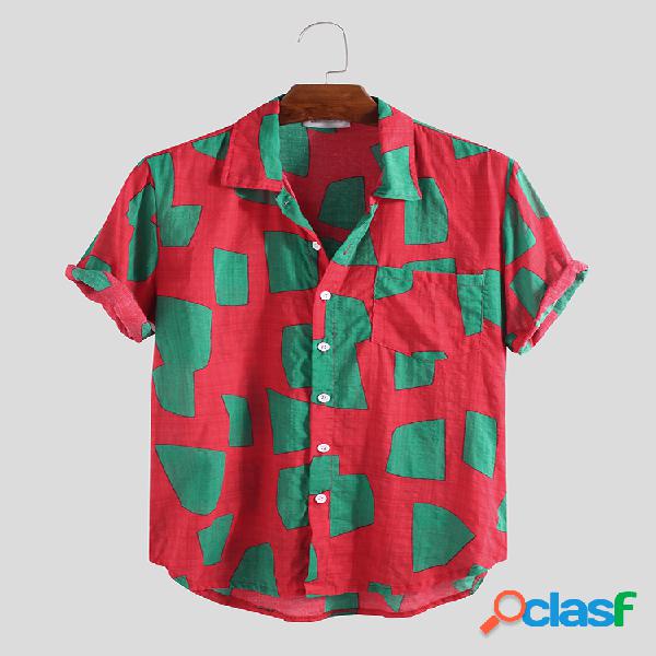 Mens Verão Hit Color Printing Chest Pocket Turn Down Collar