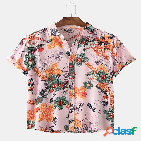 Mens Vintage Floral Óleo Printting Camisas de manga curta