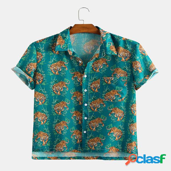 Mens Vintage chinês Stlye Tiger impresso Turn Down Collar