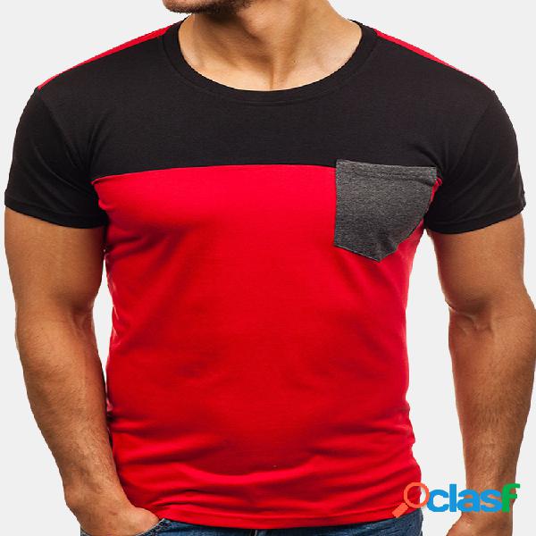 Mens elegante hit cor patchwork tops o pescoço de manga