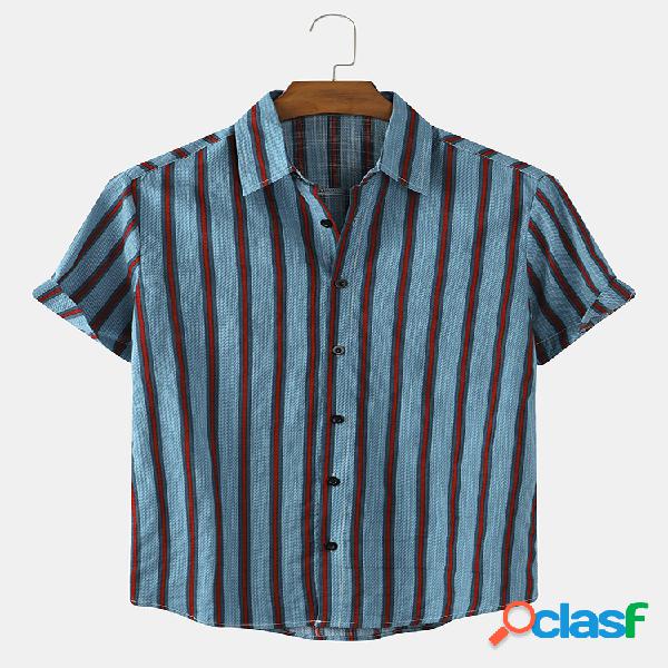 Mens listrado algodão respirável casual camisas de manga