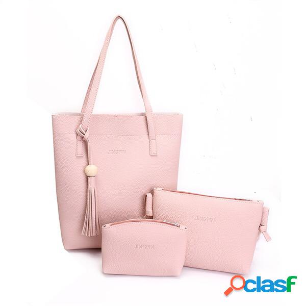 Mulheres 3 PCS Tassel Bolsa de couro PU Lazer Crossbody