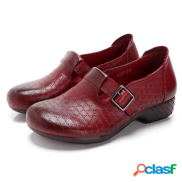 Mulheres Casual Soft Fivela Oco Respirável Couro Genuíno