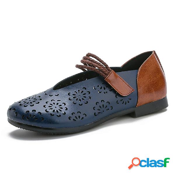 Mulheres Couro Genuíno Oco Out emenda retro sapatos baixos