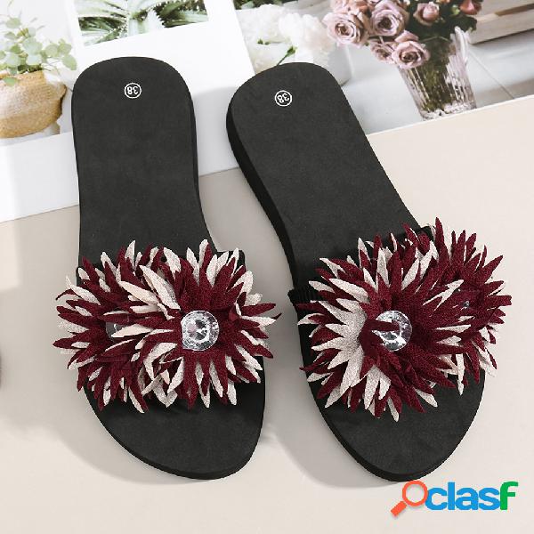 Mulheres Rhinestone Flowers Decor Soft Chinelos planas