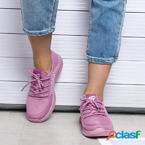Mulheres andando respirável Soft malha atam sapatos casuais